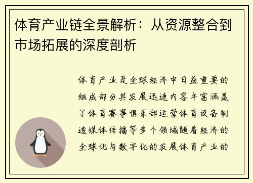 体育产业链全景解析：从资源整合到市场拓展的深度剖析