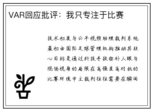 VAR回应批评：我只专注于比赛