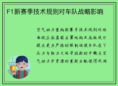 F1新赛季技术规则对车队战略影响
